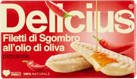Przejdź do produktu Pikantne filety z makreli w oliwie Filetti di sgombro piccante 125g - Delicius