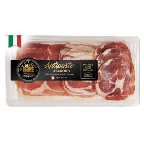 Przejdź do produktu Mix wędlin Antipasto z czarnej świni w plastrach Prosciutto, Pancetta, Capocolla 90g - San Vincenzo